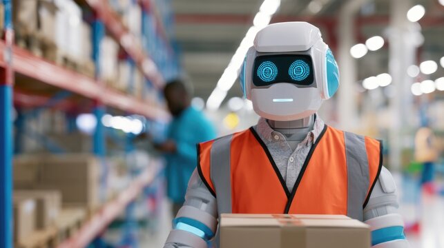 A humanoid robot in a safety vest holds a package in a warehouse, symbolizing automation and AI integration in logistics and supply chain operations.