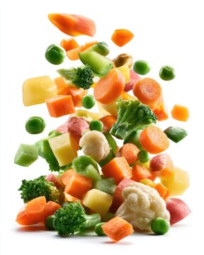 A vibrant assortment of fresh mixed vegetables, including broccoli, carrots, peas, cauliflower, and bell peppers, suspended in mid-air against a white background.