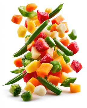 A vibrant assortment of fresh, colorful diced and whole vegetables floating on a white background.