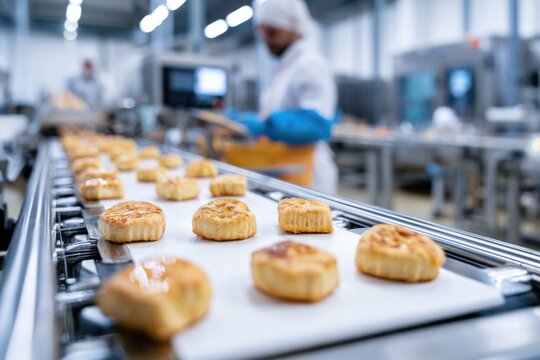 A production line in a factory where baked goods are moving on a conveyor belt, with workers in the background wearing protective clothing.