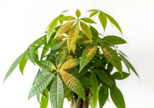 Closeup of a healthy green money tree plant with small golden dust particles on its leaves