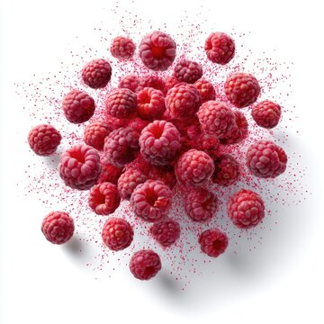 A cluster of fresh, vibrant red raspberries scattered with fine berry powder on a white background.