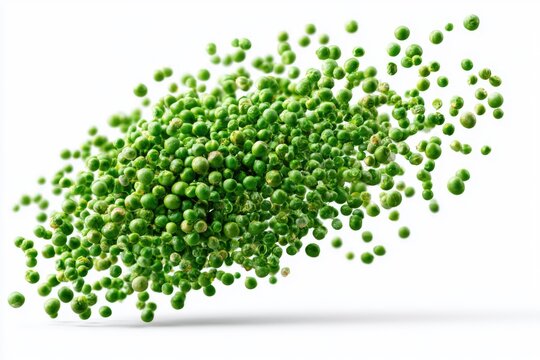A vibrant cluster of fresh green peas appears to be floating or bursting mid-air against a clean white background.
