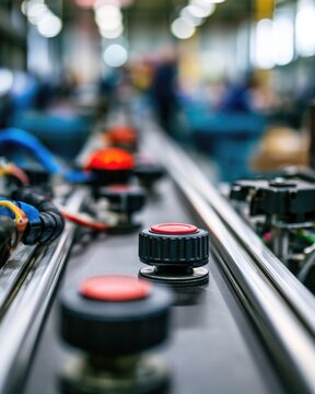 Close-up of industrial control buttons and machinery parts on a production line in a factory setting.