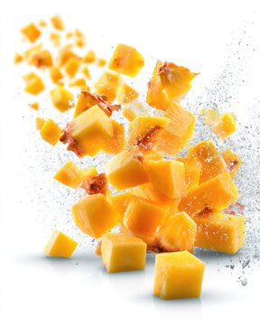 Fresh pineapple chunks exploding in mid-air with juice droplets and vibrant yellow color on a white background.