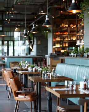 Modern restaurant interior with wooden tables, leather chairs, blue cushioned benches, hanging pendant lights, and elegant table settings including plants and glassware.