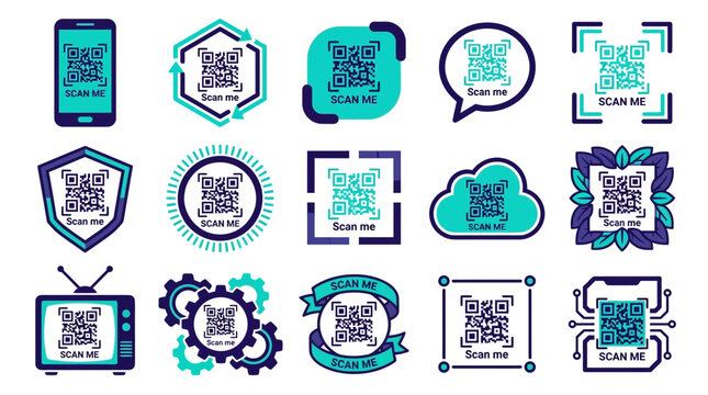 Collection of creative QR code scanner frame templates with scan me text on white background, perfect for digital payment, mobile marketing and business branding