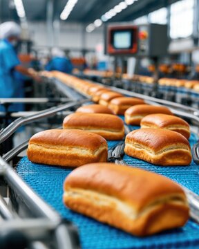 Freshly baked bread rolls move along a conveyor belt in a modern bakery production line.