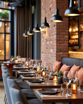 Stylish restaurant interior with a cozy ambiance featuring brick walls, pendant lighting, elegant table settings, and comfortable seating with cushions.