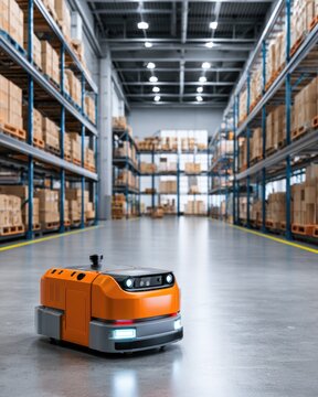 An orange autonomous robot moves through a large warehouse aisle, surrounded by tall shelves filled with stacked boxes.