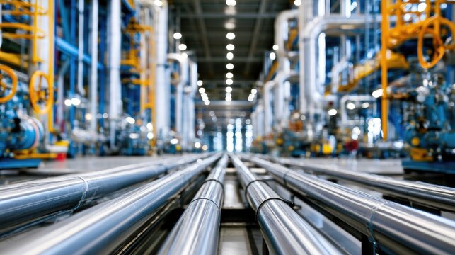 A modern industrial facility with polished metal pipes and complex machinery under bright lighting in a spacious factory setting.