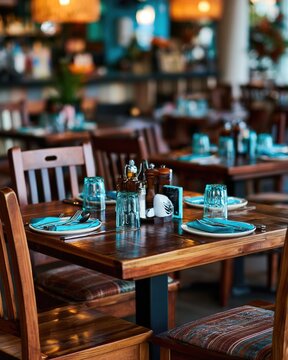 A cozy restaurant table set for four with wooden chairs, neatly arranged plates, glasses, cutlery, and condiments, ready for diners in a warmly lit dining area.