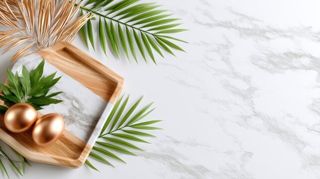 Elegant flat lay with golden Easter eggs, tropical green leaves, and a wooden tray on a white marble background.