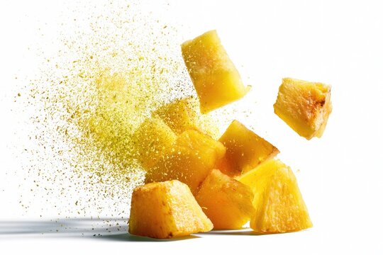 Cubed pineapple pieces with a burst of powdered spice, captured mid-air on a white background.