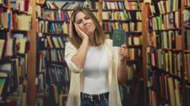 Woman young blonde holding passport, hand on cheek with pained expression in a library building; travel frustration.