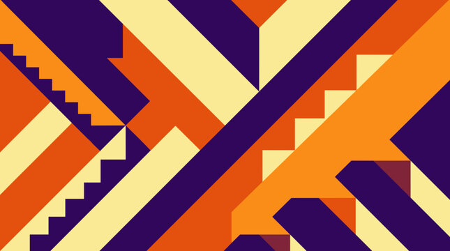 Abstract geometric pattern with stairs and diagonal lines in orange purple and yellow