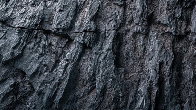 Close-up of a textured, dark gray rocky surface with layered, jagged formations and natural cracks.