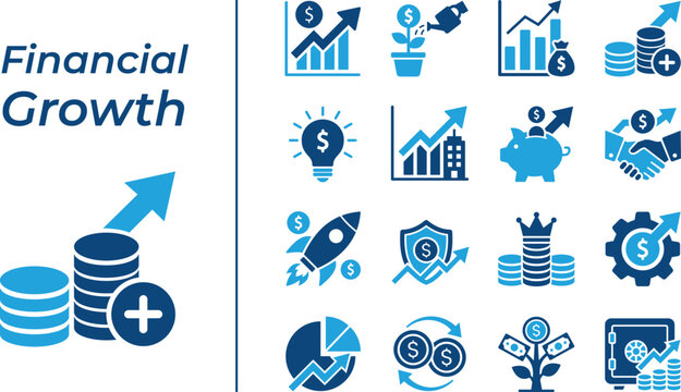 Financial growth solid icon set. Featuring financial trend, Revenue Growth, Profit Maximization, Investment nurturing. Vector icons for finance apps and Corporate Reports.