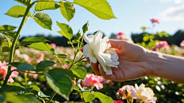 Woman gently touches a blooming white rose in a sunlit garden field