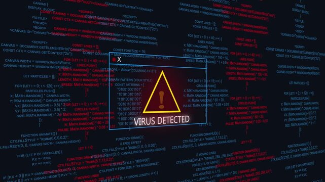  virus detected and security breach warning alert message Virus code software hack Hacking attack in Progress, Virus, on a black background 4k 