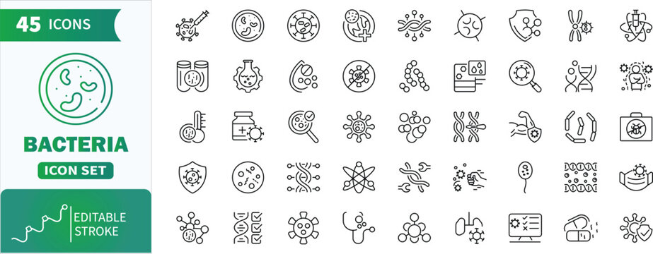 Bacteria line icon set.Set of editable stroke line icons representing bacteria, viruses, and microbiology concepts