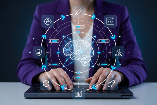 Business professional typing on laptop with holographic AI brain circuit and development lifecycle icons for machine learning software engineering and artificial intelligence workflow