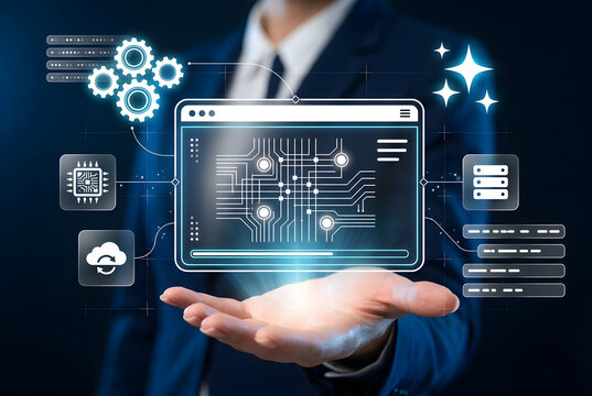 Businessman holding holographic web browser with circuit board connected to cloud server chip and gears for web development software engineering and IT infrastructure