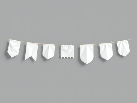 White triangular flags hanging on a string against a grey wall