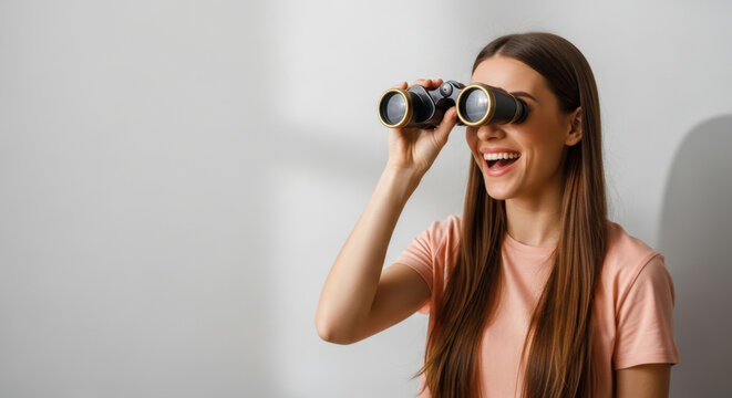 Discovery Joy: Smiling Woman with Binoculars Against Plain Backdrop Exploration Exploration Curiosity Observation Vision Future Search
