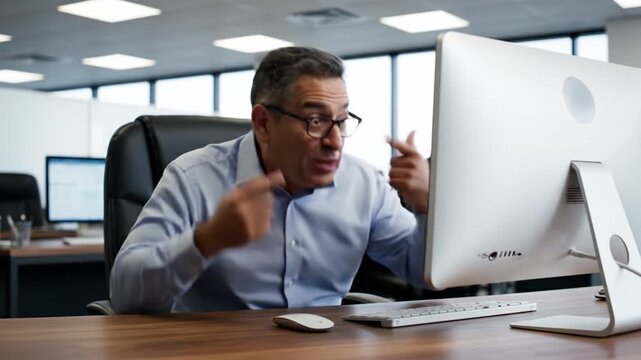 Anxious man in office plugging ears while looking at computer screen. Represents stress, loud noise, or technical frustration. Ideal for business mental health or workplace stress content.