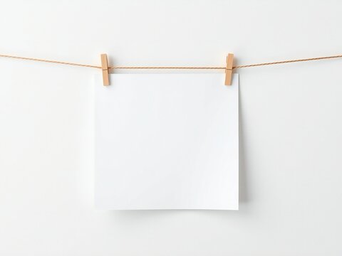 A blank sheet of paper hangs on a string with wooden clothespins in a minimalist setting.