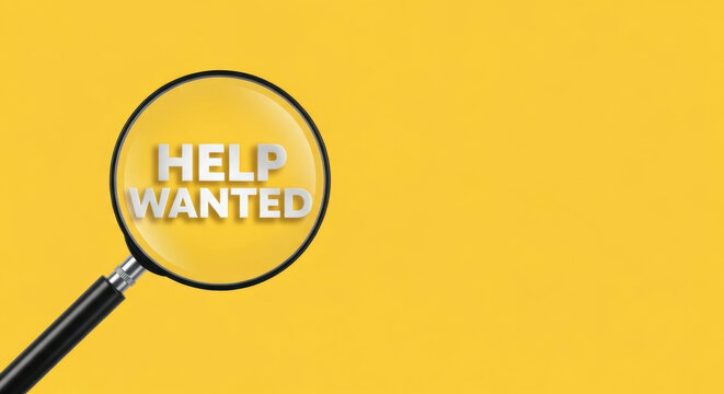 Help Wanted Advertisement Concept with Magnifying Glass Exploring Employment Job Search Openings Careers Recruitment on Yellow Background