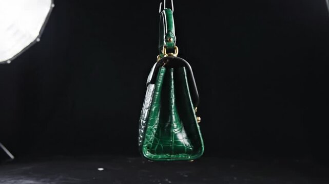 Elegant emerald green crocodile skin handbag rotating in a studio. Luxury fashion accessory with gold hardware against a dark background. Ideal for high end boutique marketing and commerce.