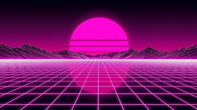 Retro synthwave technology background with neon glowing wireframe grid perspective lines.
