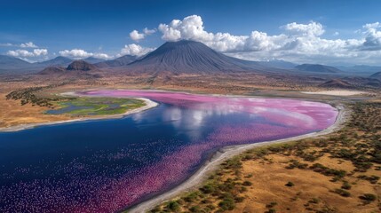 Fototapeta premium Aerial view of a vast pink lake reflecting a conical mountain under a bright sky