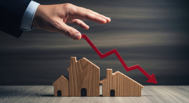 House Price Decline Concept Home Value Loss With Red Arrow. Realty Down Trend Economic Recession. Decreasing House Market. Property Value Crisis