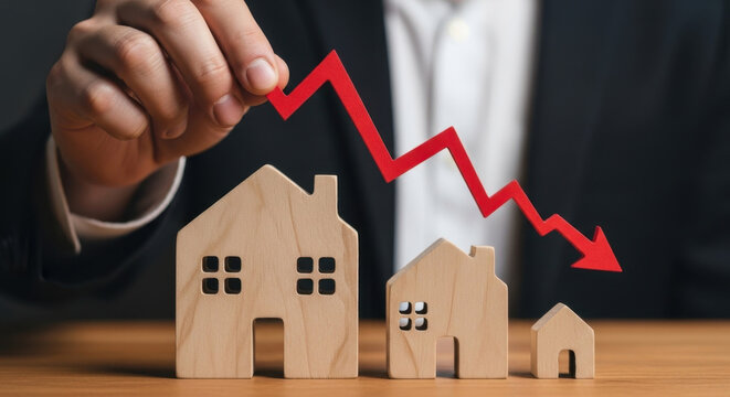Housing Market Decline Downward Trend Red Arrow Falling Real Estate Prices Home Value Decrease Financial Crisis Economy Recession