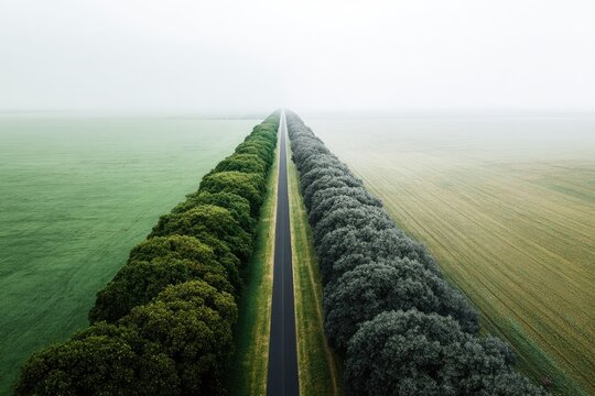 Straight asphalt road divides green and brown fields lined with trees