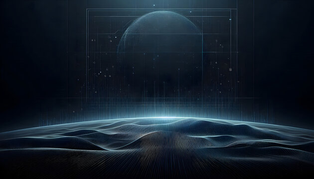 Futuristic digital planet and particle terrain landscape with cyber security interface line art