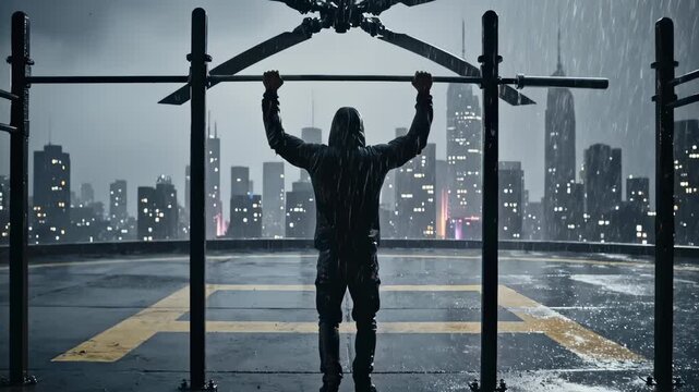 Determined Athlete Performing Pull Ups During Heavy City Rainstorm