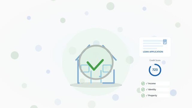 A clean conceptual motion graphics animation showing a digital mortgage application process, verifying credit score and financial documents, ending with a successful loan approved notification