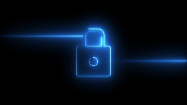 Glowing neon color animation lock icon protection safety security privacy password circle closed.glowing neon blue color lock animation icon security privacy password .4k