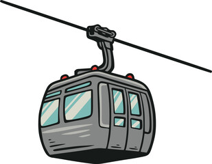 Cartoon vector illustration of a gray cable car gondola hanging from a wire, shown in front perspective, isolated on a white background for travel themes © Galih