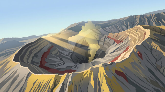 Stylized flat vector landscape illustration of an active volcano caldera with rising smoke at sunset.
