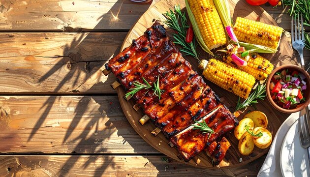 A rustic wooden table overflowing with summer BBQ food, grilled ribs, corn on the cob, potato salad, overhead shot.
