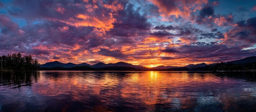 Vibrant sky ablaze with sunset colors reflected on a tranquil lake