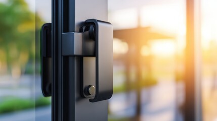 Naklejka premium A close-up view of a sleek door handle on glass, illuminated by warm sunset light