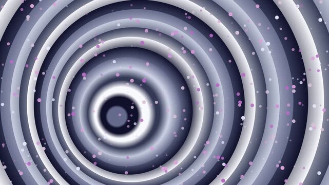 Abstract concentric circles pattern design with gradient and floating dots in shades of gray white and purple for modern background