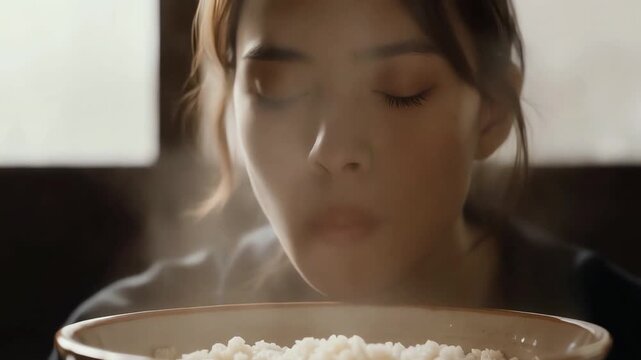 Close up view of young Asian woman holding bowl and smelling hot white rice with steam rising, female model enjoys traditional healthy food dinner meal during evening at cozy kitchen interior room