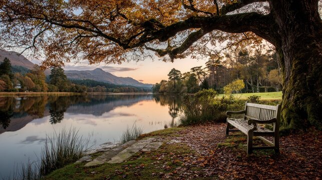 Serene lake vista with colorful autumn trees and a quiet bench